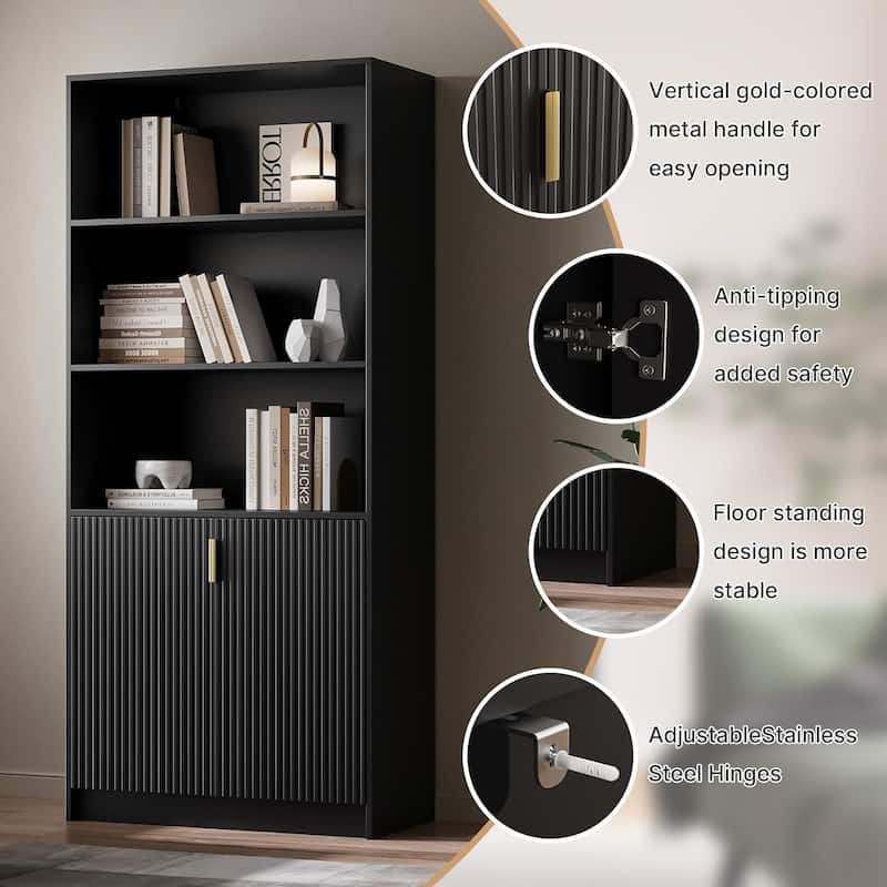 70.8 Inch Modern Display Cabinet Fluted Doors Gold Handle Bookcase Living Room Office