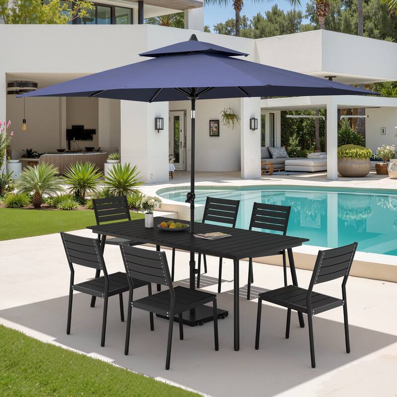 9PC Outdoor Patio Dining Set Wood-Like Aluminum Table with Stackable Chairs,Double Top Market Umbrella and Wheel Base - BlackTable&BlackChairs&NavyBlueUmbrella