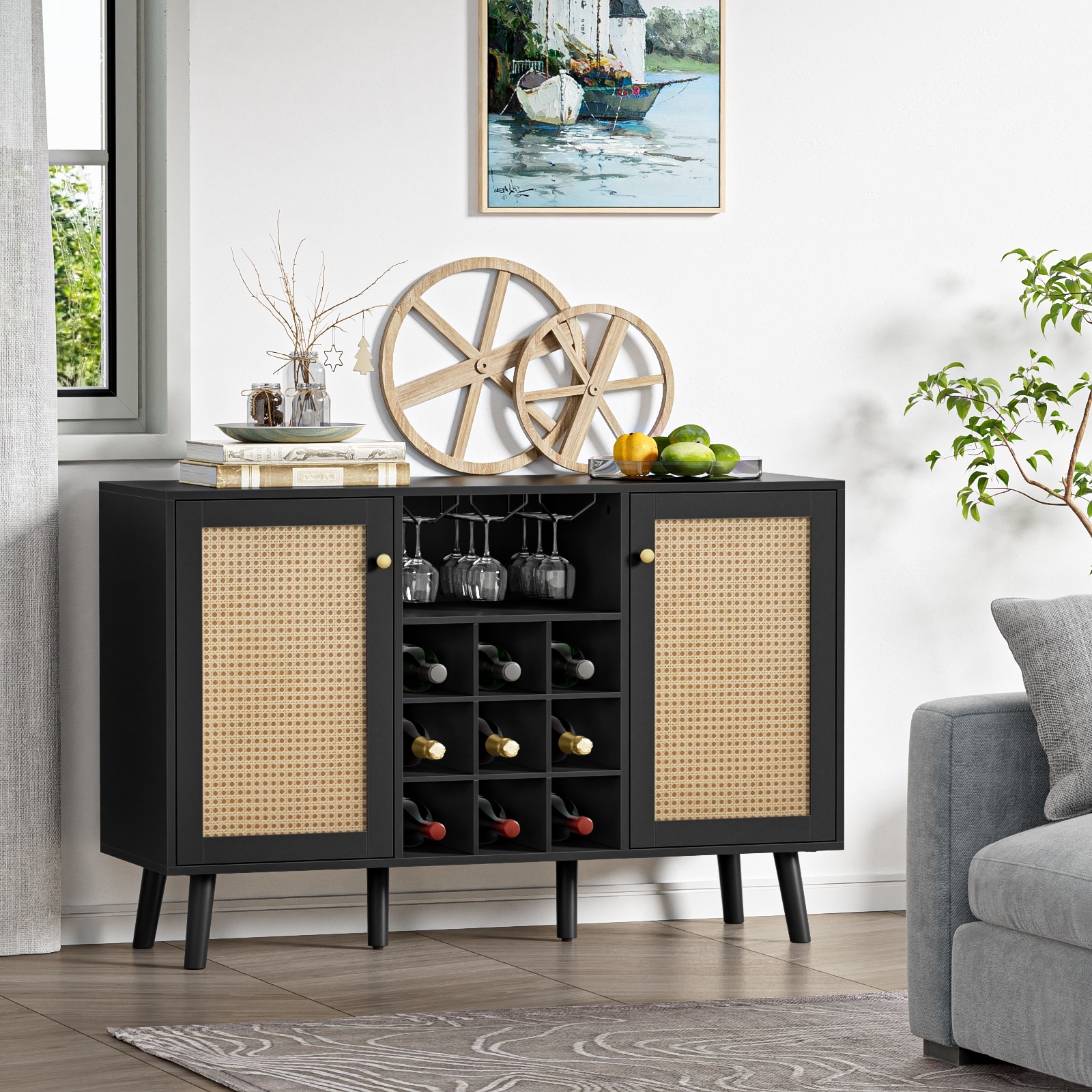 Anmytek Wood Rattan Black Wine Bar Cabinet 2 Door Farmhouse Buffet Sideboard with Wine Rack and Glass Holder Bed Bath Beyond 39474805