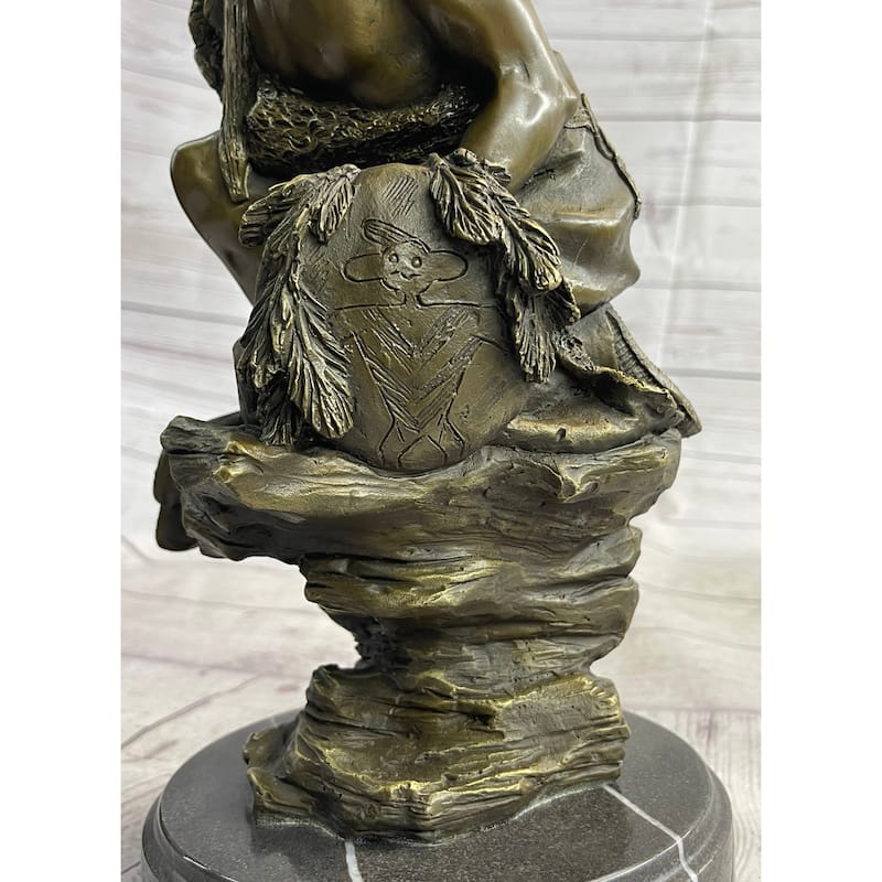 Native American Indian Warrior Squatting On Rock Bronze Sculpture Statue Marble Base