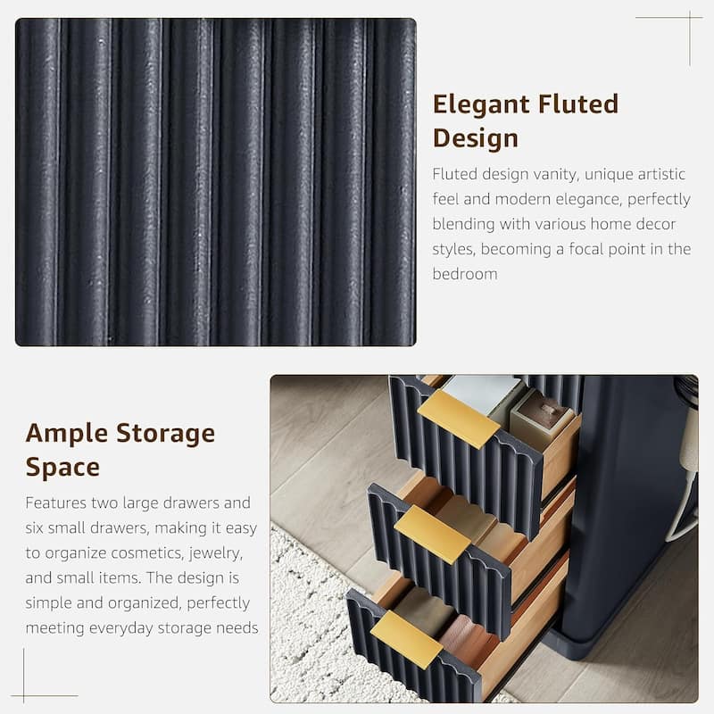 Modern Fluted Makeup Vanity Desk with Mirror, Lights, Charging Station