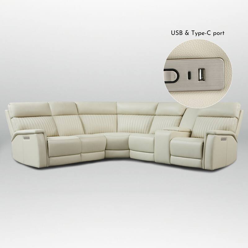 6PCS, 3 power Recliners, Leather Reclining Sectional with Power headrest & lumbar, USB & USB-C Ports
