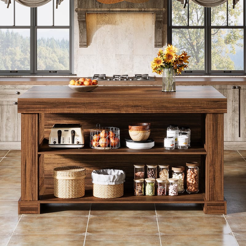 55-Inch Stationary Kitchen Island with Storage Shelves and Large Worktop, Farmhouse Style, Light Brown