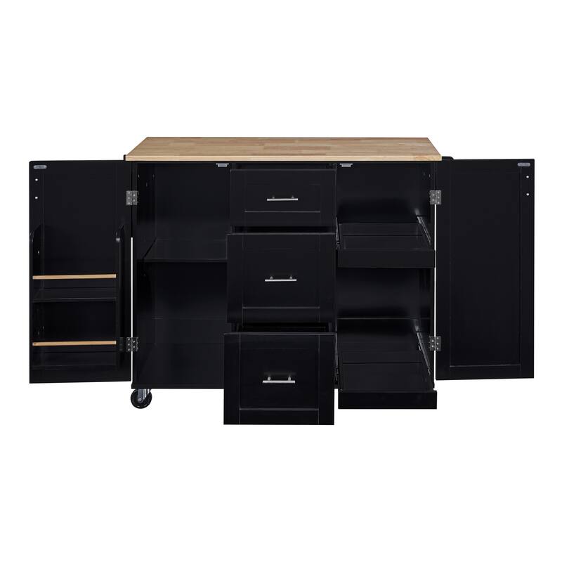 50'' Rubber Wood Kitchen Island with 3 Drawer, Rolling Wheels, 2 Slide-Out Shelf and Internal Storage Rack