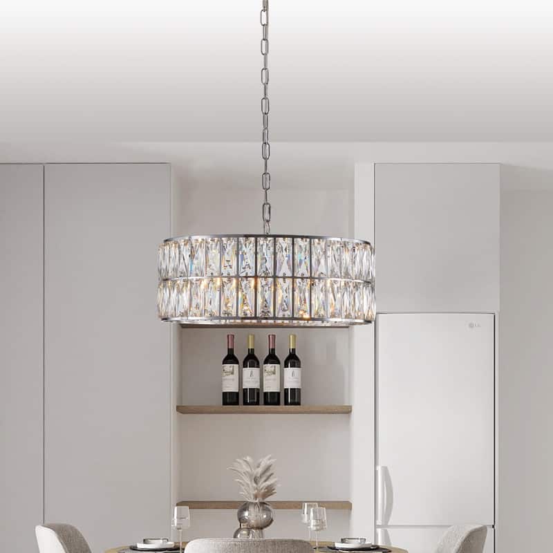 18" 6-Light Modern Crystal Drum Chandelier -  Metal Frame Pendant for Living, Dining & Bedroom (Bulbs Not Included)|Chrome
