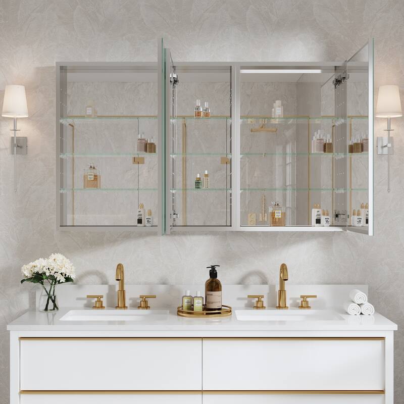 52"W X 30'H Bathroom Recessed or Surface Wall Mount Medicine Cabinet With Adjustable Glass Shelves