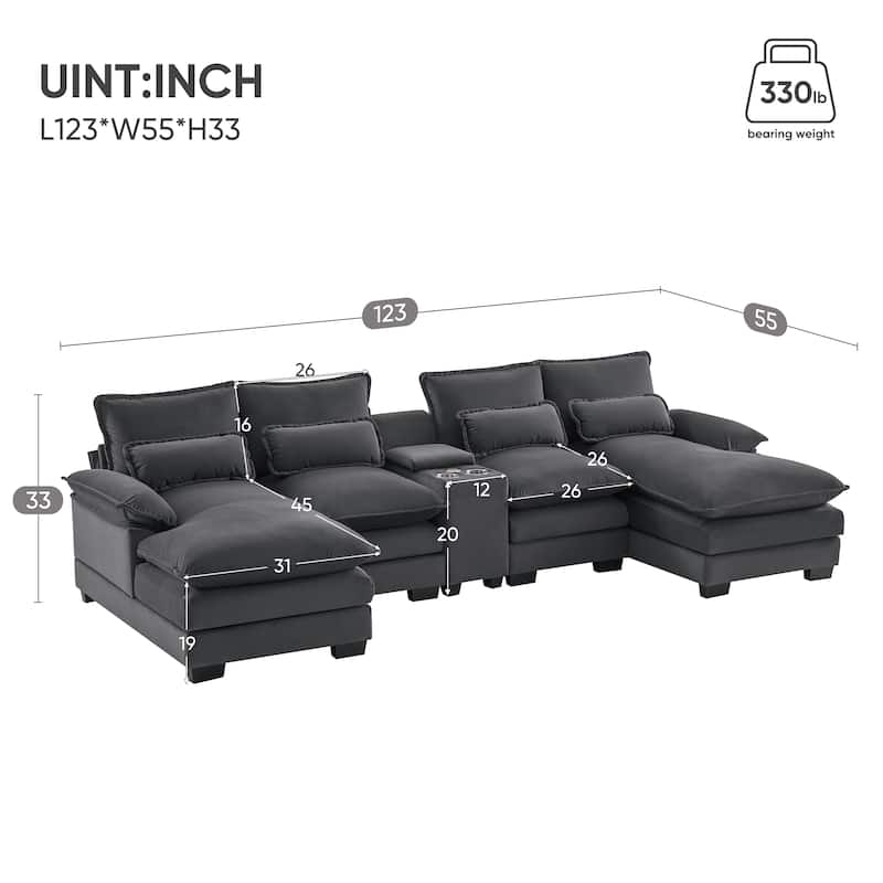 123*55" Modern U-shaped Sofa with Console,Cupholders and USB Ports, Upholstered ,Sleeper Couch Set with Chaise