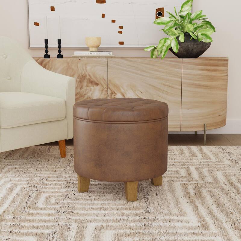 Carson Carrington Hare Button-tufted Round Storage Ottoman - Brown Faux Leather