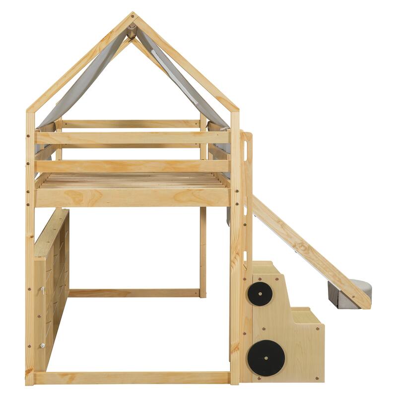 Twin Loft Bed with Play Tent and House Design, 250lb Capacity, Slide & Ladder