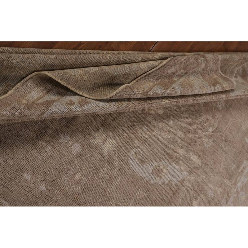Brown Floral Oushak Vegetable Dye Area Rug Hand-Knotted Wool Carpet - 8'7"x 9'10"