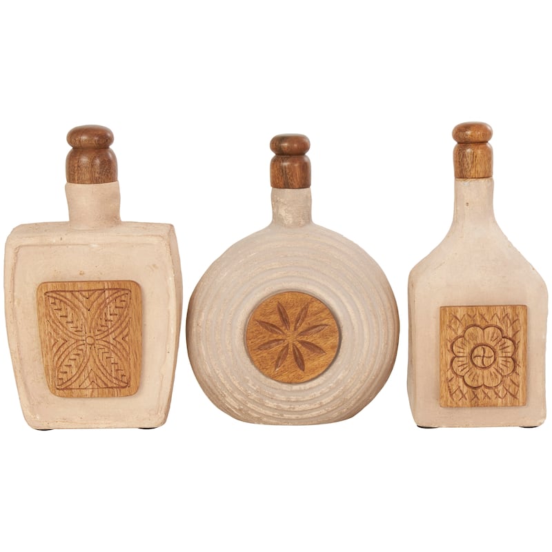 Paper Mache Floral Decorative Jars with Varying Shapes and Carved Wood Etchings - Set of 3 Brown - Roche River Decor