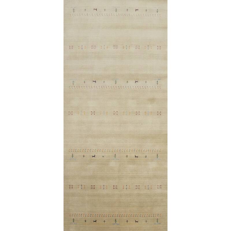 Hand Knotted Oriental 100% Wool Carpet Tribal Animal Pictorial Beige & Ivories Gabbeh Area Rug - 11' 8'' X 4' 11''