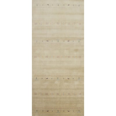Hand Knotted Oriental 100% Wool Carpet Tribal Animal Pictorial Beige & Ivories Gabbeh Area Rug - 11' 8'' X 4' 11''