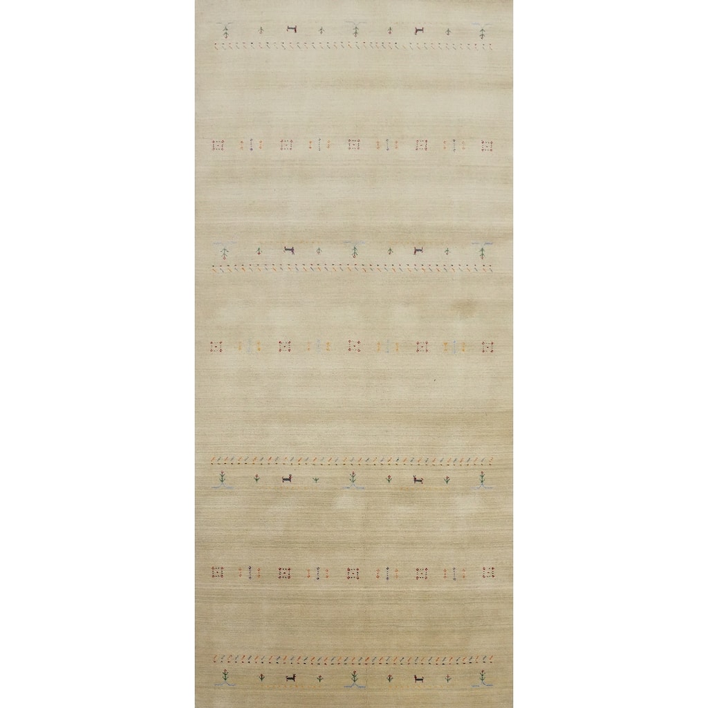 Hand Knotted Oriental 100% Wool Carpet Tribal Animal Pictorial Beige & Ivories Gabbeh Area Rug - 11' 8'' X 4' 11''