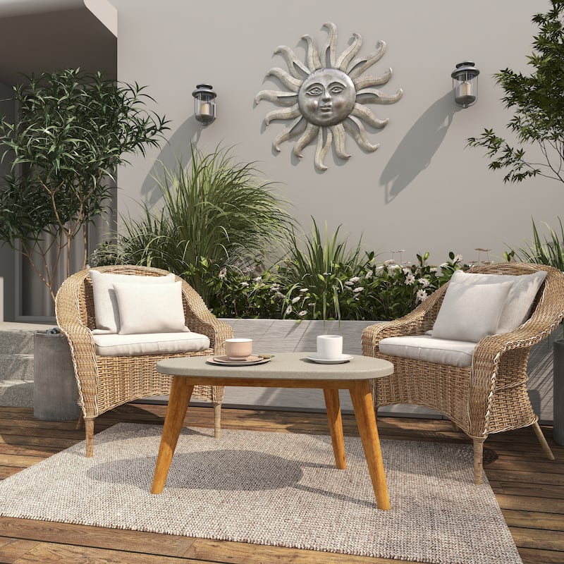 Gray Concrete Inspired Oval End Table Outdoor Accent Table with Brown Tapered Wood Legs