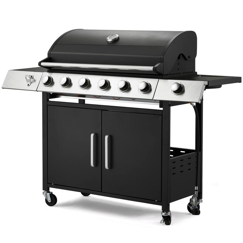 Outdoor Propane Gas Grill with Side Burner, Cast Iron Grates, Storage Cabinet, Easy Clean for Backyard & Patio. - Silver - Propane Gas