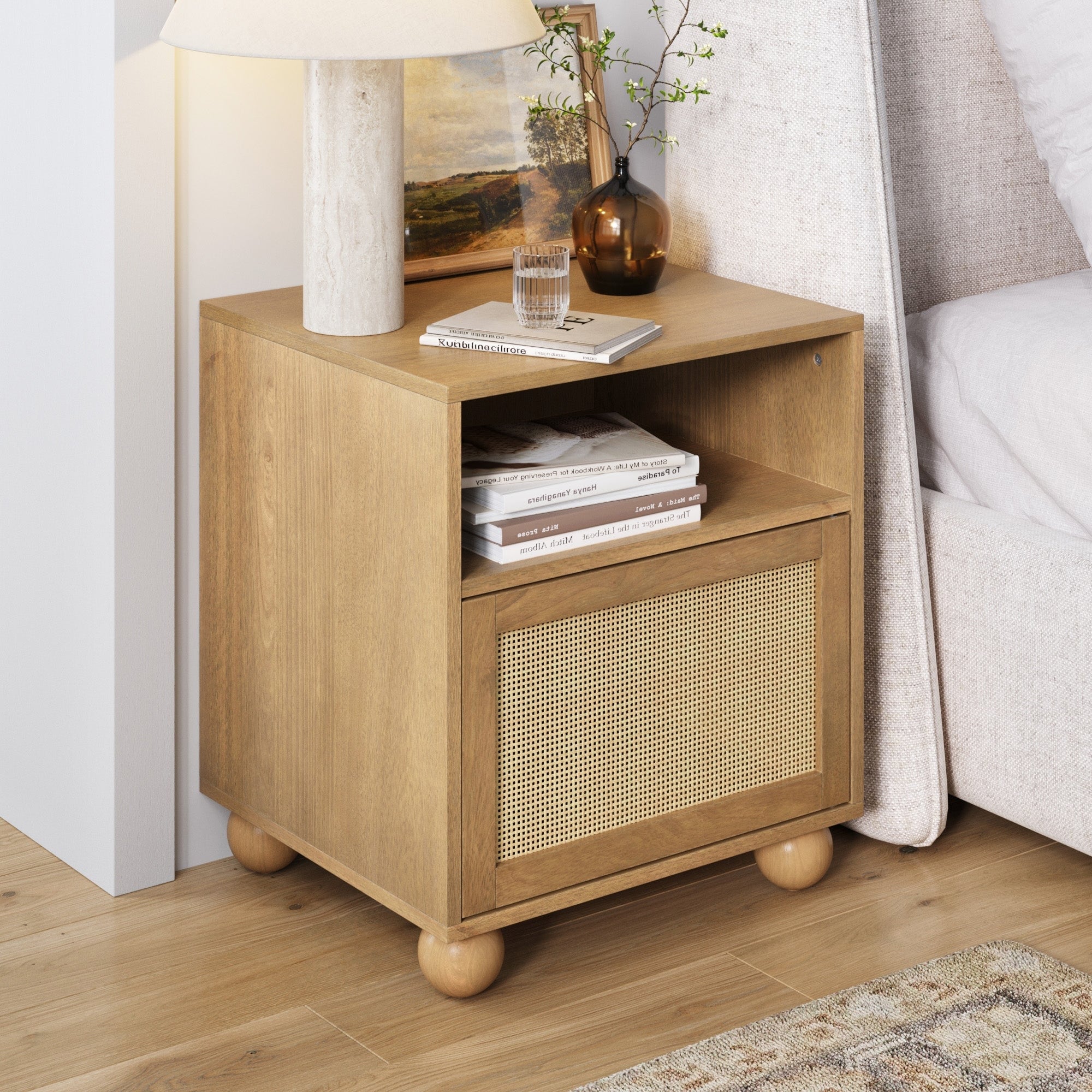 Franco Faux Rattan Side Table Nightstand with Storage, Rustic Bedside Table with Solid Wood Legs