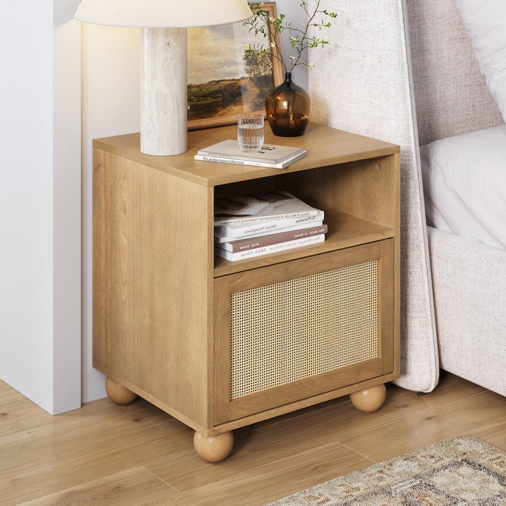 Franco Faux Rattan Side Table Nightstand with Storage, Rustic Bedside Table with Solid Wood Legs