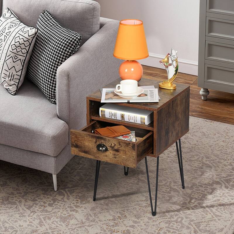VECELO Mid Century Modern Nightstand with Drawer Open Shelf V-Shaped Metal Legs End Table for Bedroom Living Room