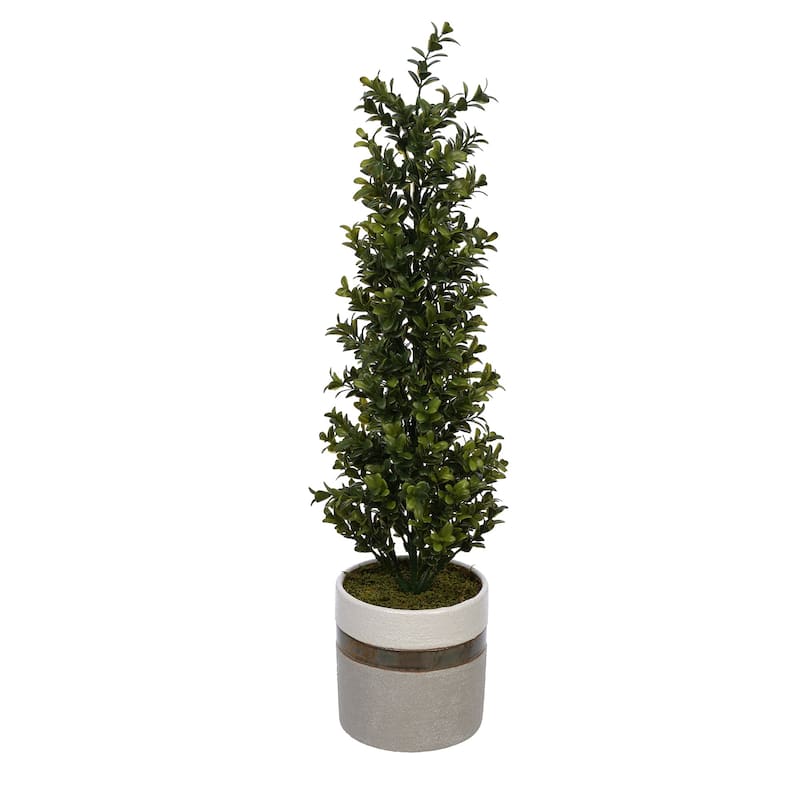 Faux 22-Inch Boxwood Pencil Topiary in Small White/ Bronze/ Grey Ceramic Vase - 22"
