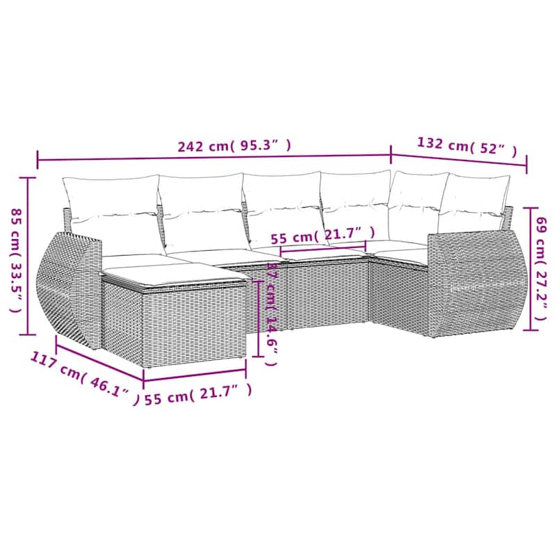 vidaXL 6 Piece Patio Sofa Set with Cushions Black Poly Rattan