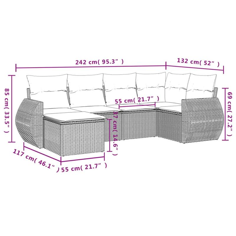 vidaXL Patio Sofa Set with Cushions Outdoor Furniture 7 Piece Poly Rattan - 21.7 x 21.7 x 14.6
