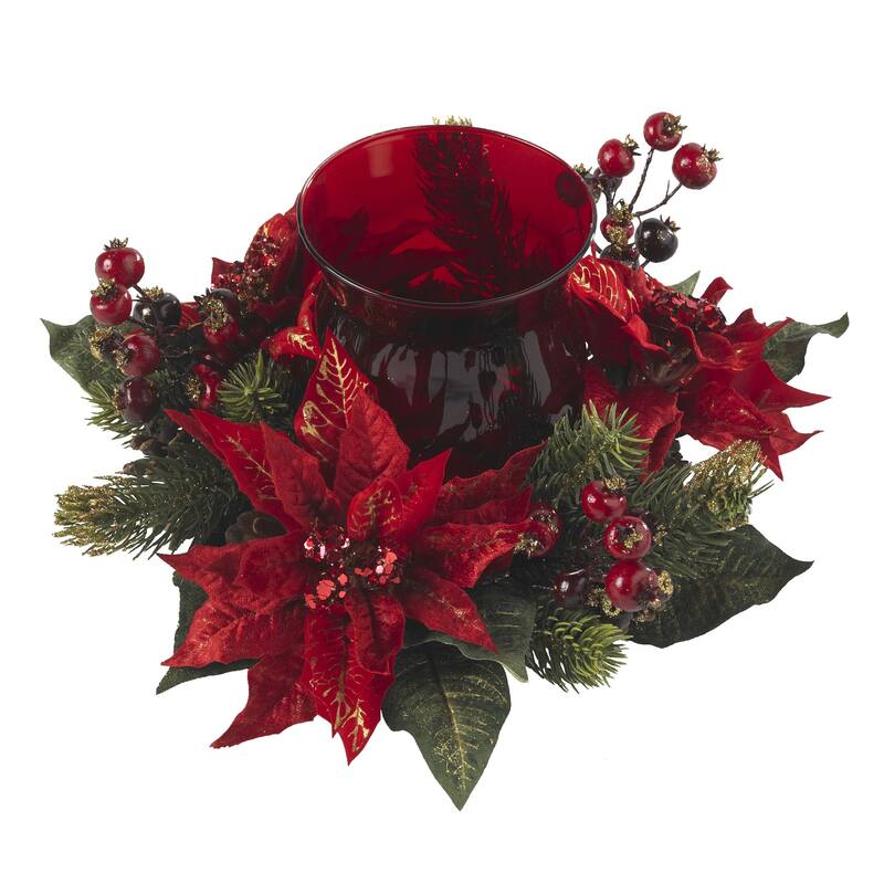13" Poinsettia and Berry Christmas with Candleholder