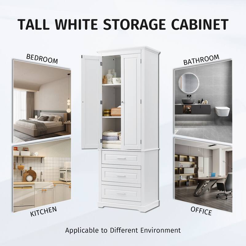 Tall Storage Cabinet with 3 Drawers, Bathroom & Office Organizer with Adjustable Shelves