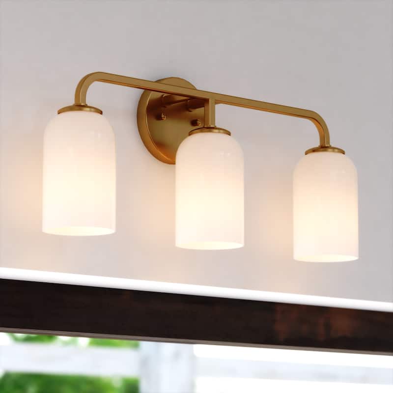 Shelby Gold Brass Transitional Bathroom Vanity Light Fixture White Glass