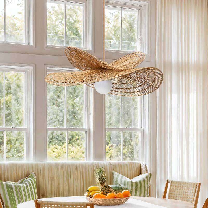 Whisper Rattan Pendant Light Natural Large Sculptural 1-Light Handwoven Light Fixture For Modern, Coastal, Farmhouse Room Décor.