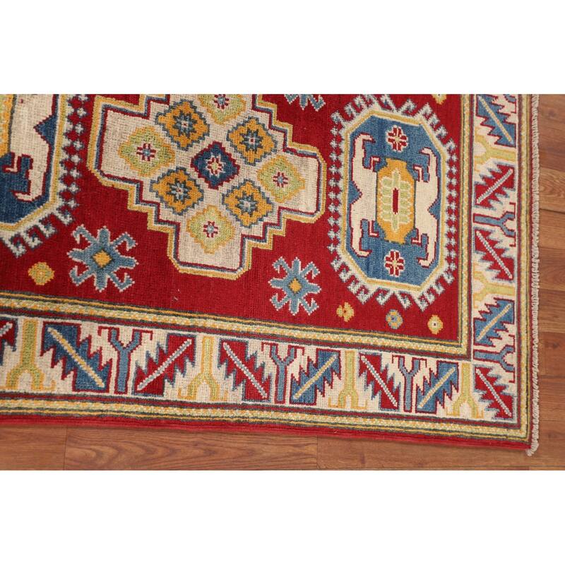Red Geometric Kazak Foyer Rug Handmade Wool Carpet - 2'8" x 4'3"
