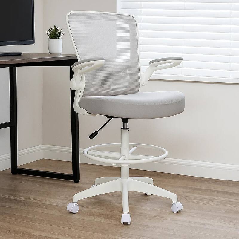 Dea Drafting Stool Chair, Flip-Up Arms, Gray Mesh, Chrome Footring