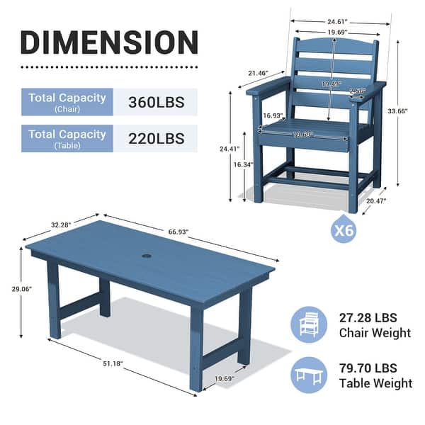 dimension image slide 0 of 6, 7-Piece HDPE Outdoor Dining Table Sets with Umbrella Hole - 1-Table 6-Chairs