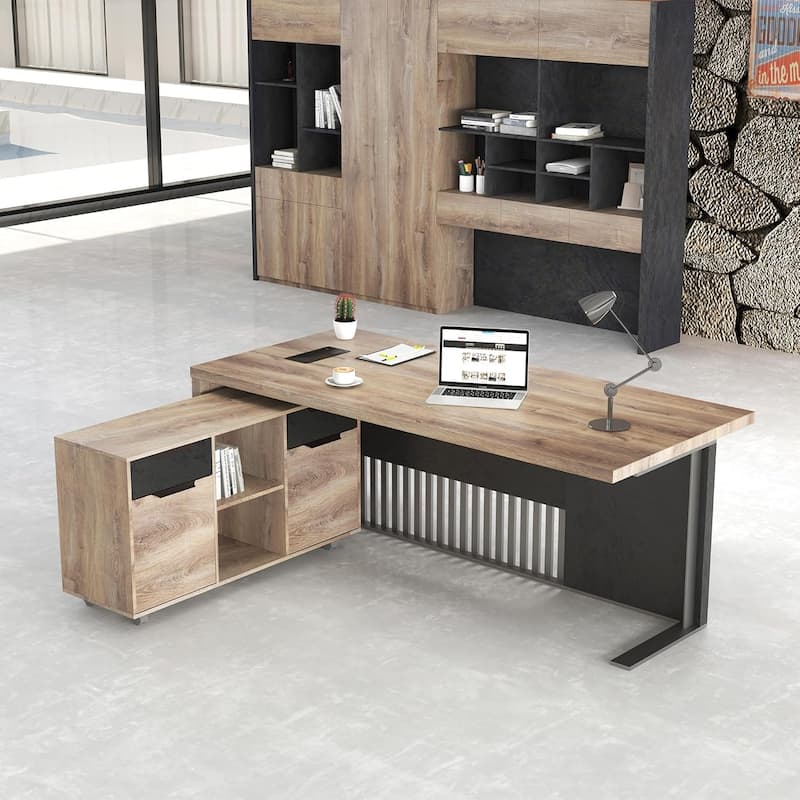 WESOME L-shaped Executive Office Desk with 2 Drawers 4 Wheels File Cabinets Cable Management - 63inch - Left Return+Cabinet