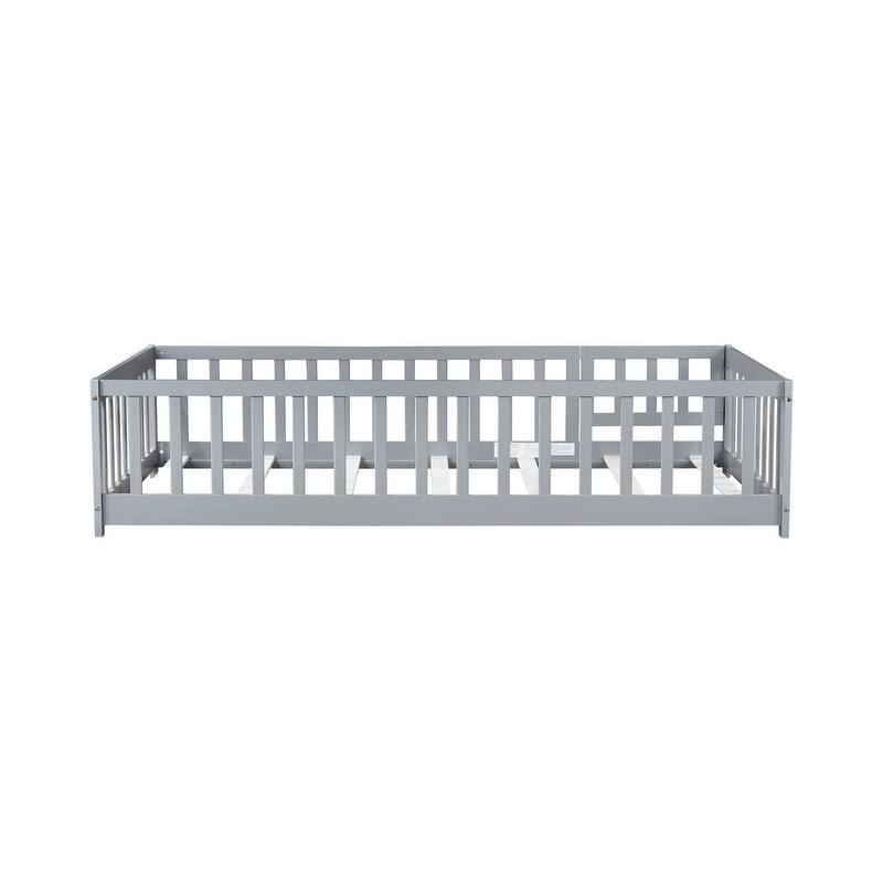Twin/Full/Queen Size Floor Bed with Fence Guardrails and Door, Rubber Wood Toddler Bed Montessori Bed with Slats Support