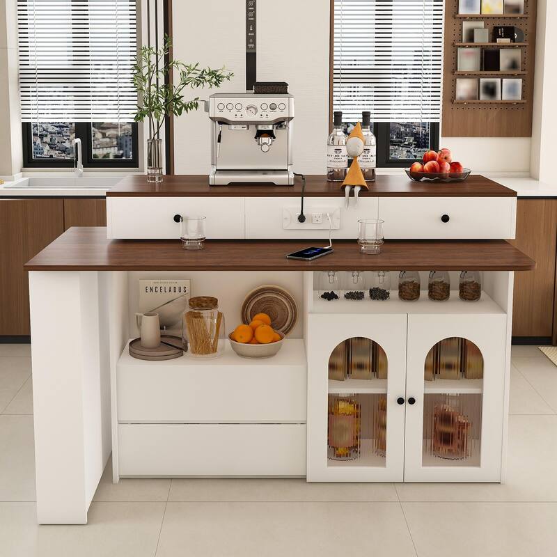 Anmytek Expandable Kitchen Island with Dining Table and Charging Station 3 Mode Multifunctional Rolling Cart