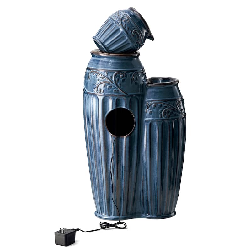 Glitzhome 27"H/35"H 4-Tier Embossed Pattern LED Ceramic Pots Fountain