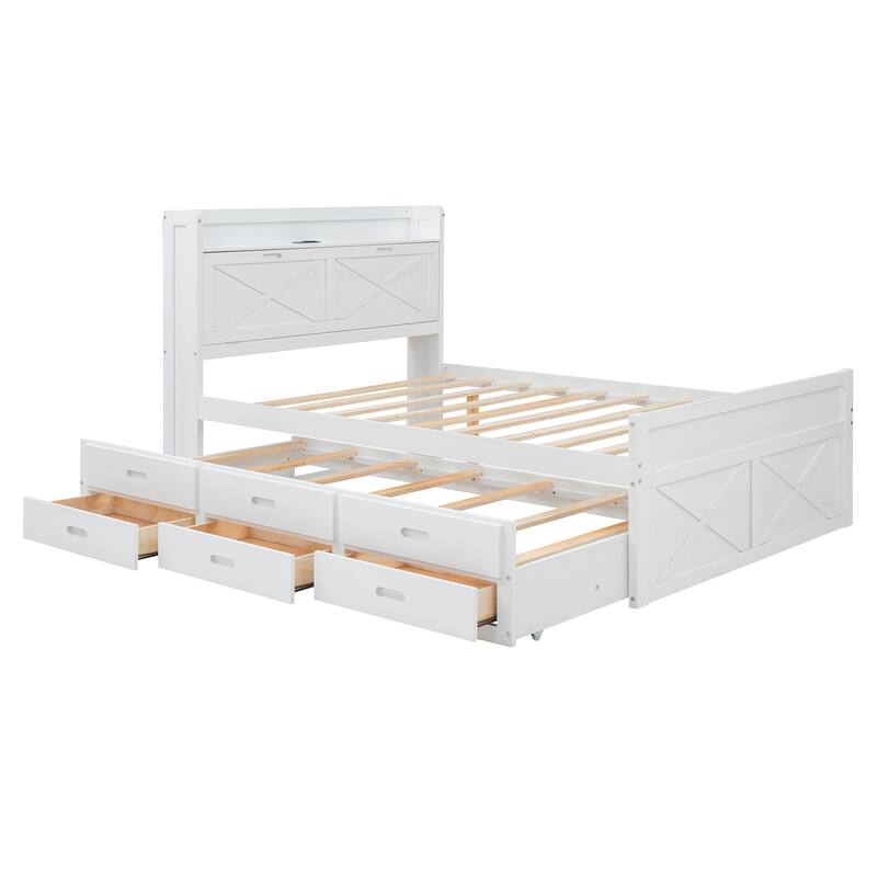 Full Size Wooden Storage Bed with Headboard Outlets, Extendable Trundle and Three Drawers, White