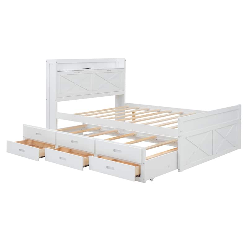 White Full Size Extendable Wooden Platform Bed with Storage Headboard, Three Drawers, and Trundle