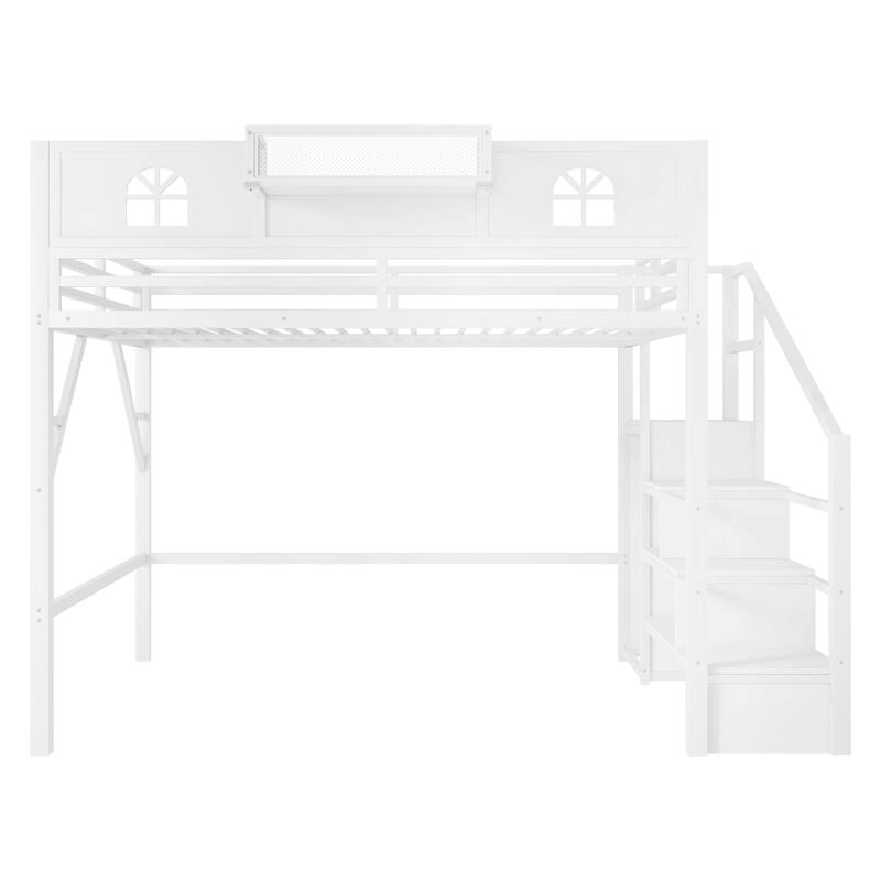 White High Loft Bed Frame with Storage Stairs and Wardrobe, Loft Metal Frame Bed with High House Shaped Guardrails for Kid Teens