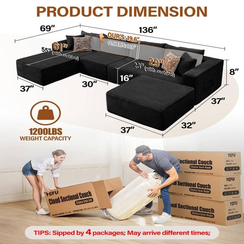 WINSOON 136''x69'' Plush Modular Sectional Sofa with Pillows