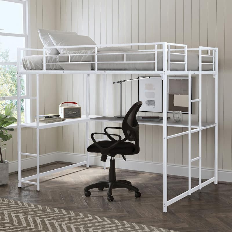 Metal Full Loft Bed with L-shaped Desk Workstation in White