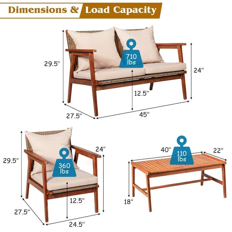 4 Piece Acacia Wood Patio Rattan Furniture Set with Cushions - 45" x 27.5"x 29.5" (L x W x H)