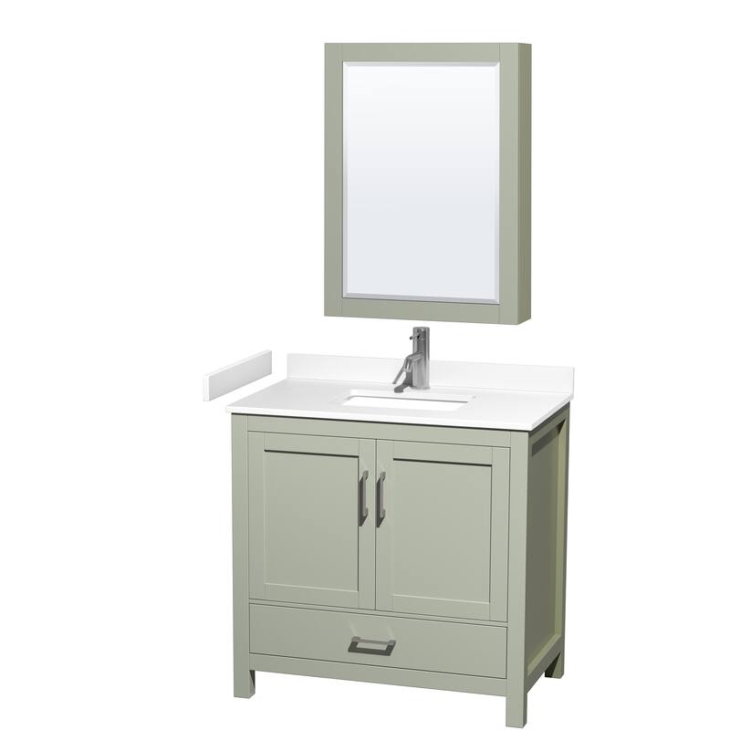 Sheffield Single Bathroom Vanity Set, Cultured Top, Medicine Cabinet - 36-Inch Single - Light Green, White Cultured Marble Top,Nickel Trim