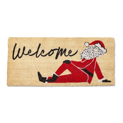 40"L x 18"W Welcome Sentiment Posing Santa Rectangle Indoor Outdoor Estate Coir Door Mat Multicolored on Brown Background