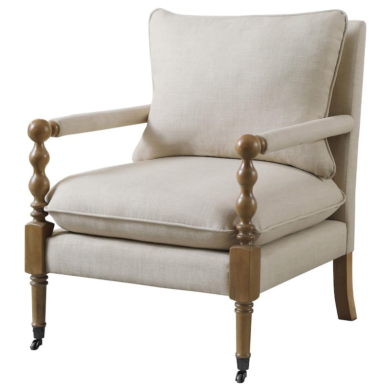 Beige Wooden Accent Chair with Turned Legs - Beige