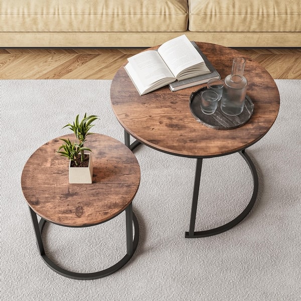 Set Of 2 Medium Brown Wooden Round Top Accent Tables With Black Metal Frame Nesting Tables Set Of 2 Medium Brown Wooden Round Top Accent Tables With Black Metal Frame Nesting Tables