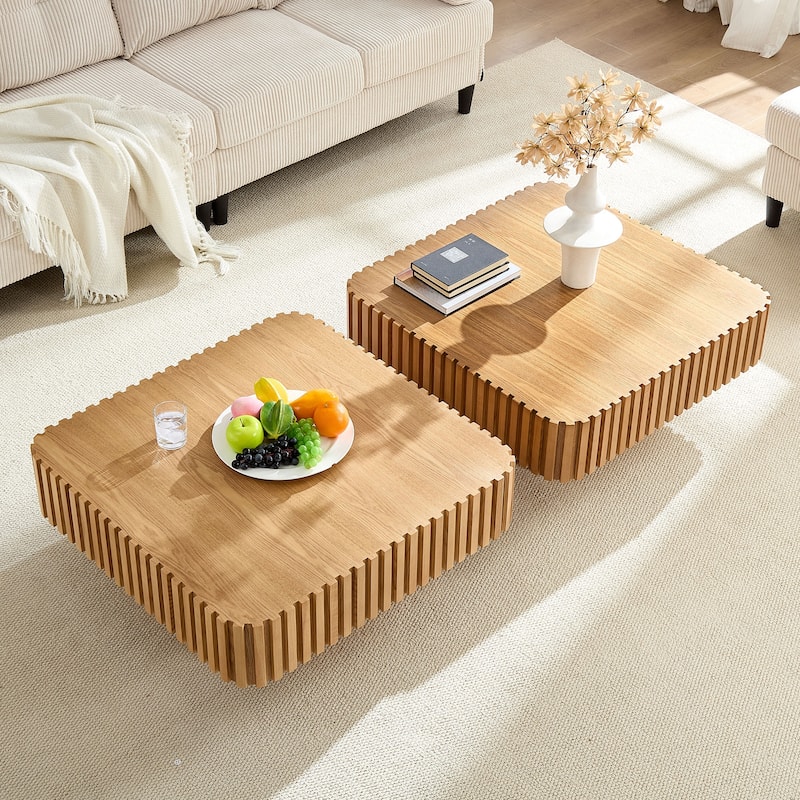 Mid-Century Modern 31.5 Inchs Handcrafted Square Coffee Table (Set Of 2) - Natural