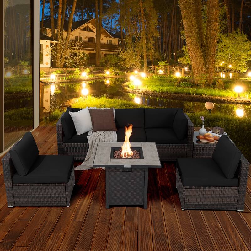Costway 7PCS Patio Rattan Furniture Set 30'' Fire Pit Table Cover - See Details