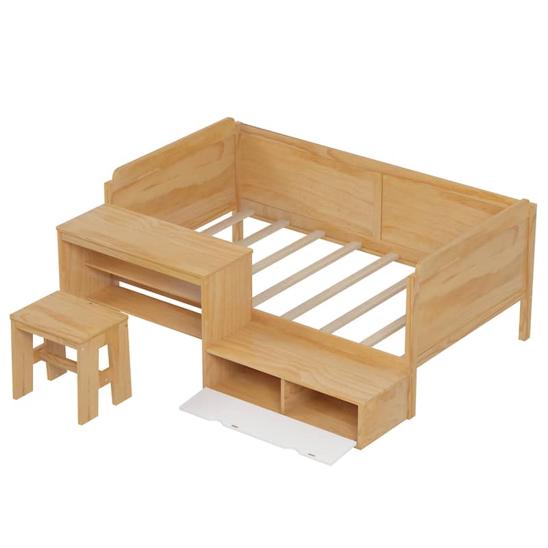 Twin Size Natural Wood Daybed with Study Desk & Storage (350lb Capacity)